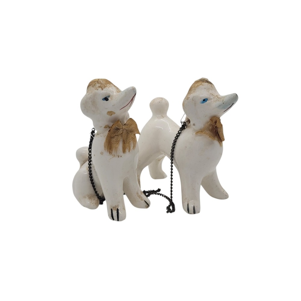 Vintage Ceramic Poodle Figurines White Blue Eyes Mid Century Pair Made in Japan